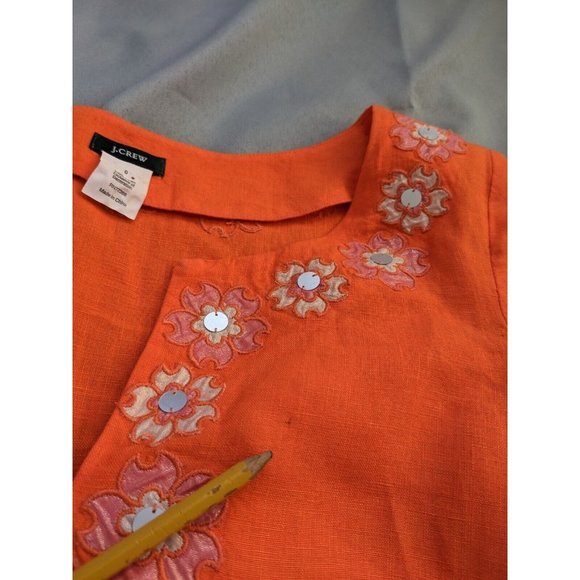 J.Crew Top Orange Linen Tunic Floral Embroidered Hippie Womens Size 0 - Picture 5 of 9